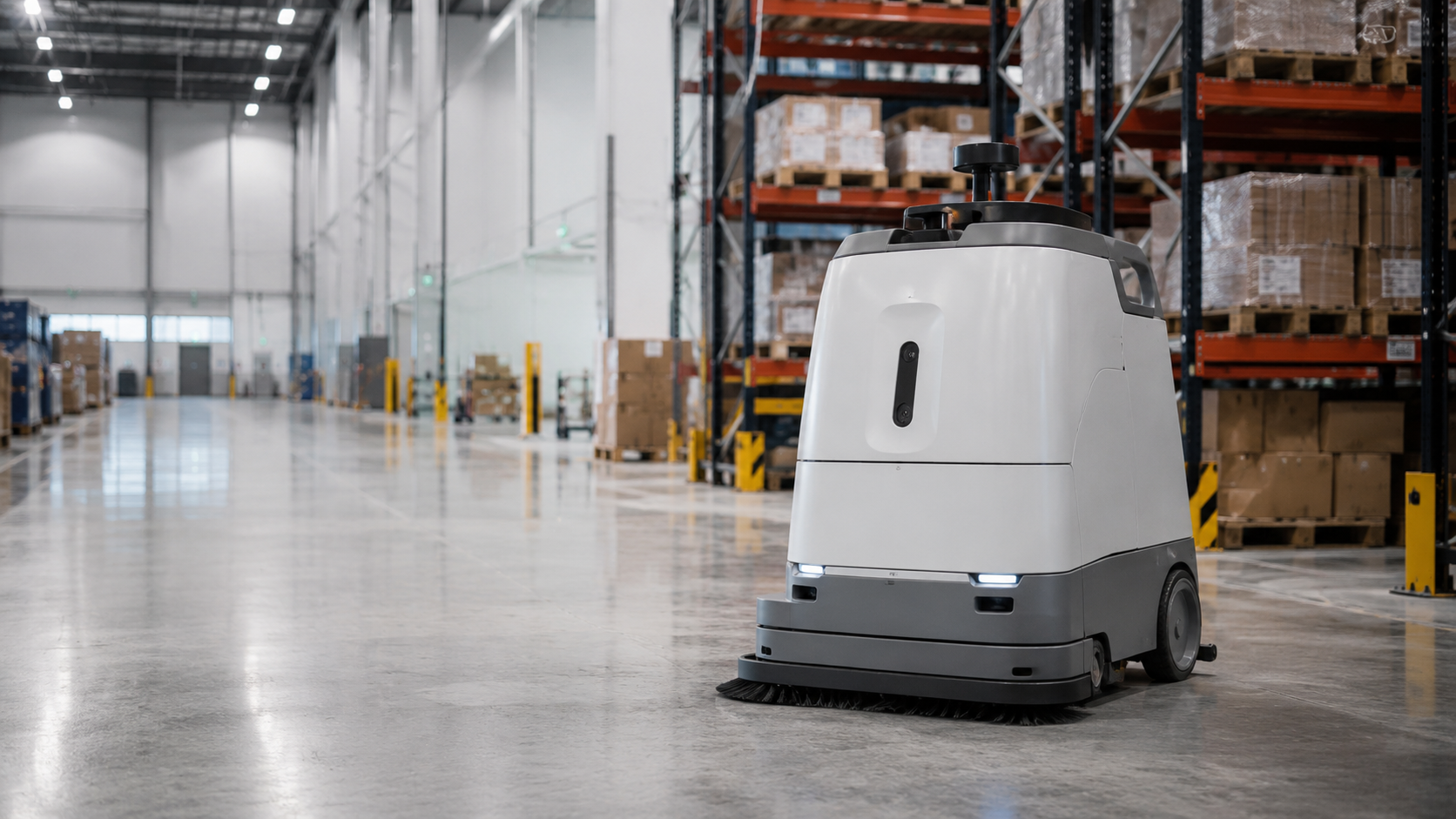 An autonomous floor scrubber operating in a warehouse aisle